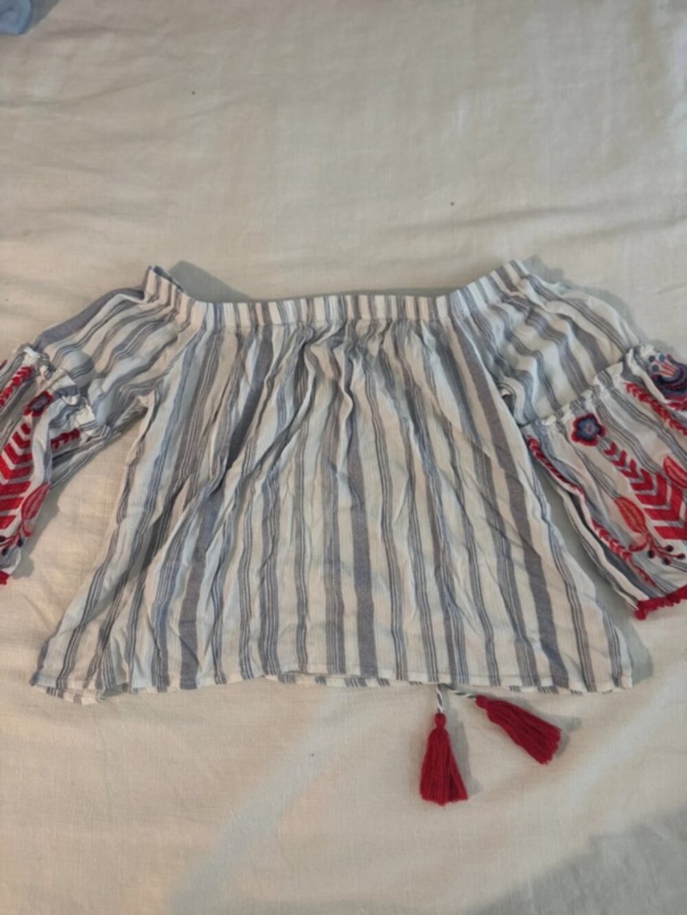 Altar’d State Striped Off-the-Shoulder Embroidered Top with Tassels – Small